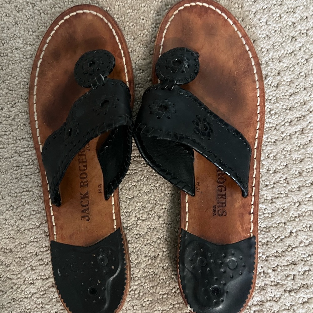 Jack Rogers Black Leather Navajo Sandals 10B